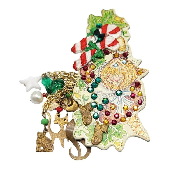 Kitty Cucumber 1984 Christmas Artisan Recycled Dangle Brooch Star Heart Cat - Picture 3 of 4